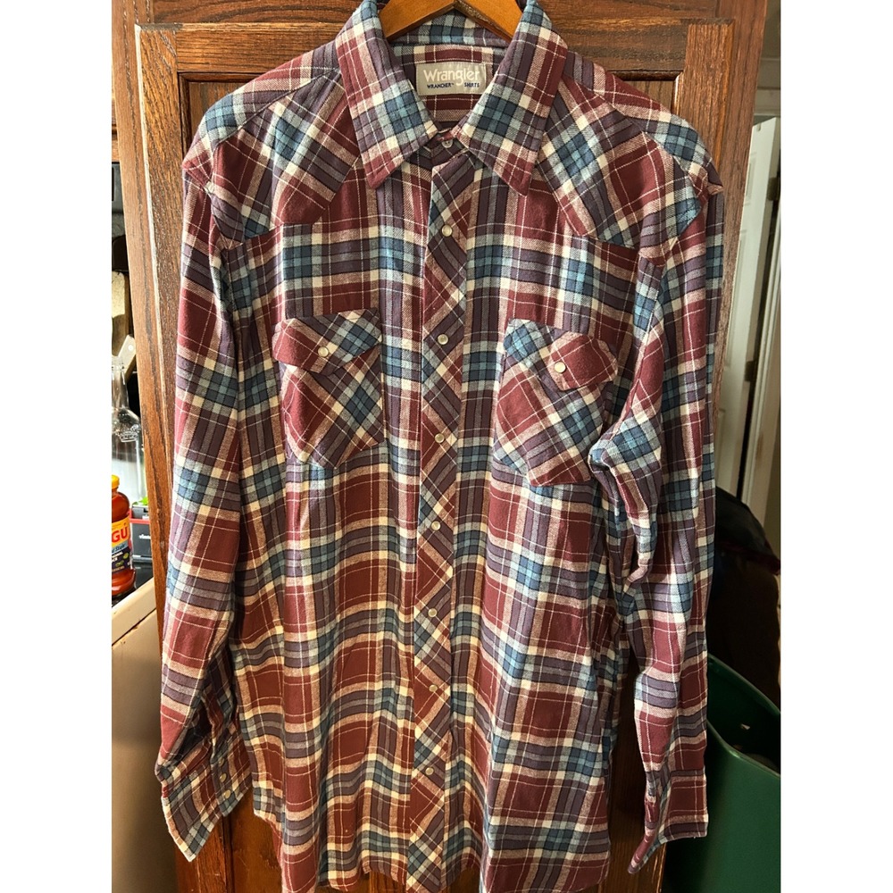 Wrangler Wrancher Mens Western Plaid Pearl Snap Shirt Burgundy Blue Long Sleeve
